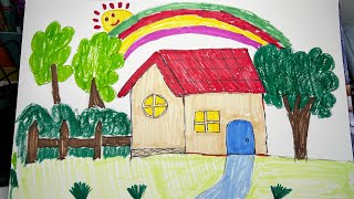 How to draw a house with trees easy for kids / how to draw a rainbow over the house