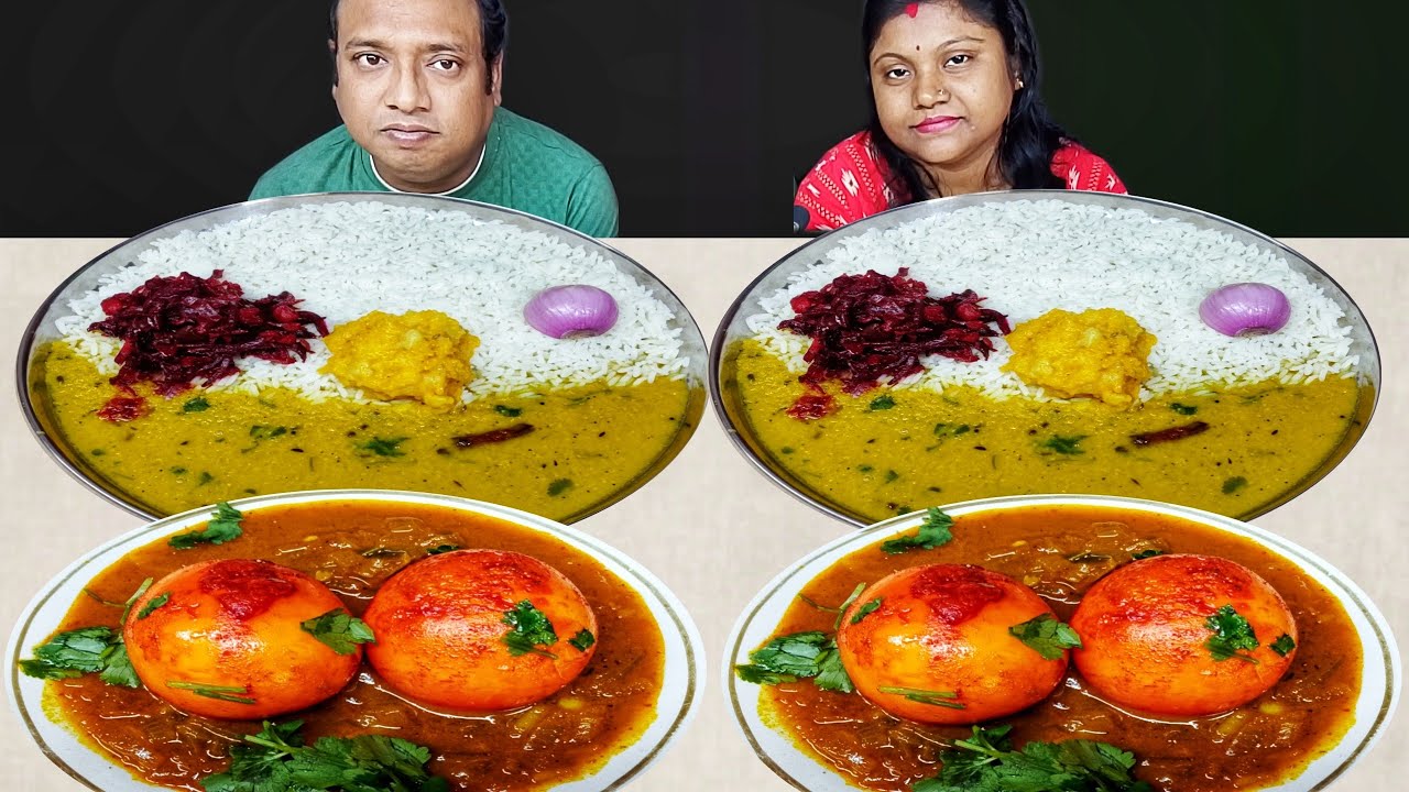 SPICY MASALA EGG CURRY DAL CHAWAL VEGETABLE FRY ALOO VARTA EATING CHALLENGE // food family blogs 