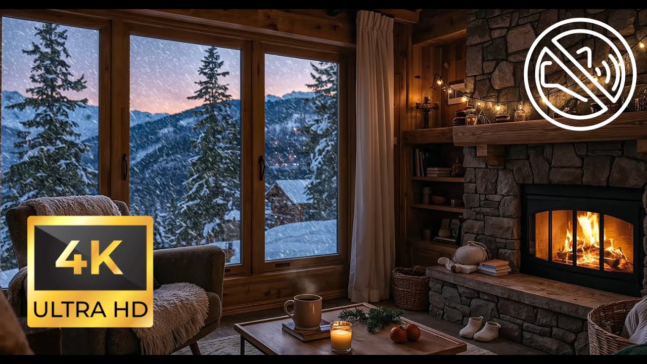 Cozy Winter Cabin – Ambient Fireplace & Snowfall (No Sounds)