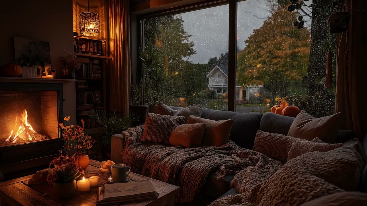 Late Night Window Rain ❄️ Soothing Fireplace ASMR Ambience (3 Hours)