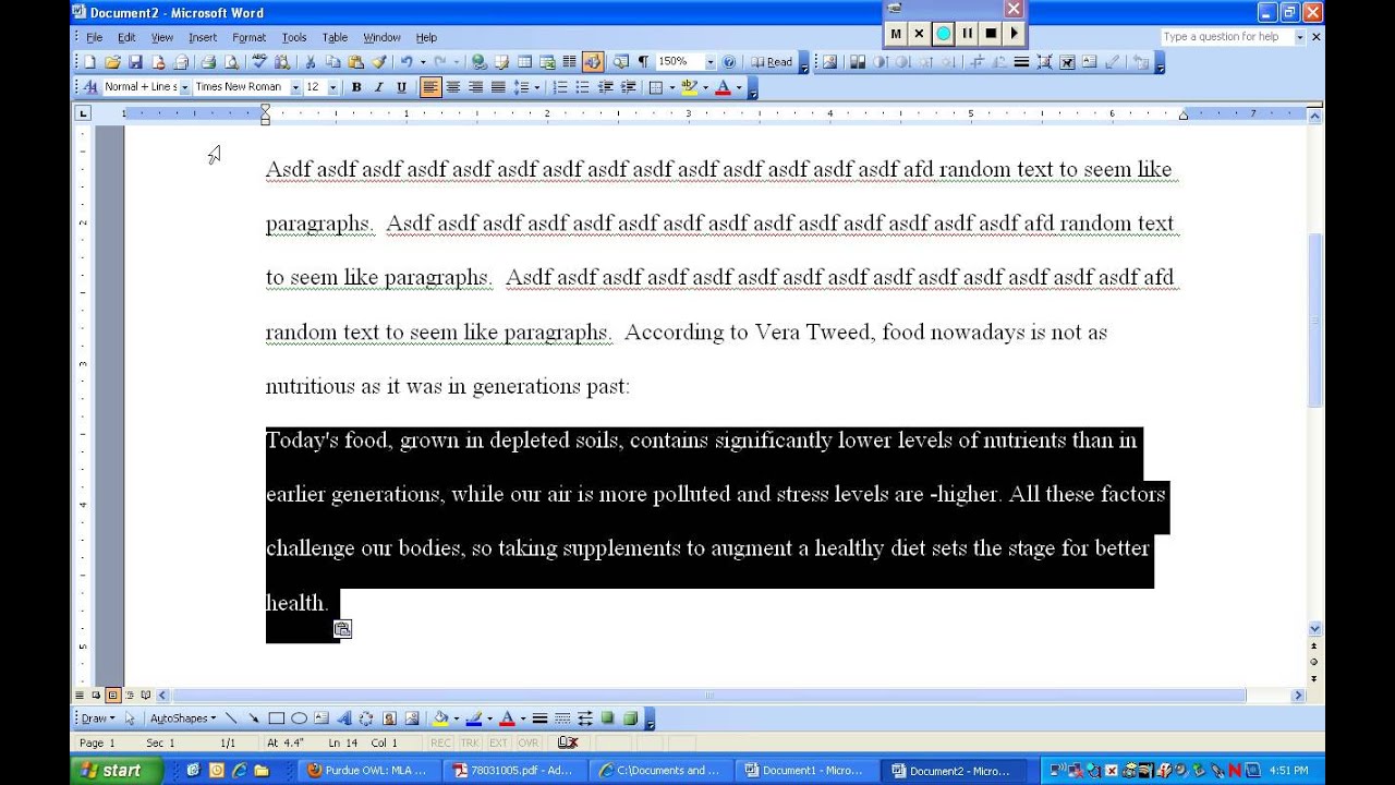 MLA Format Writing option 20: lead and block quotation with indentation