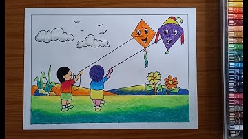 Kite flying drawing and colouring | Drawing on Kite festival | Makar sankranti drawing ideas