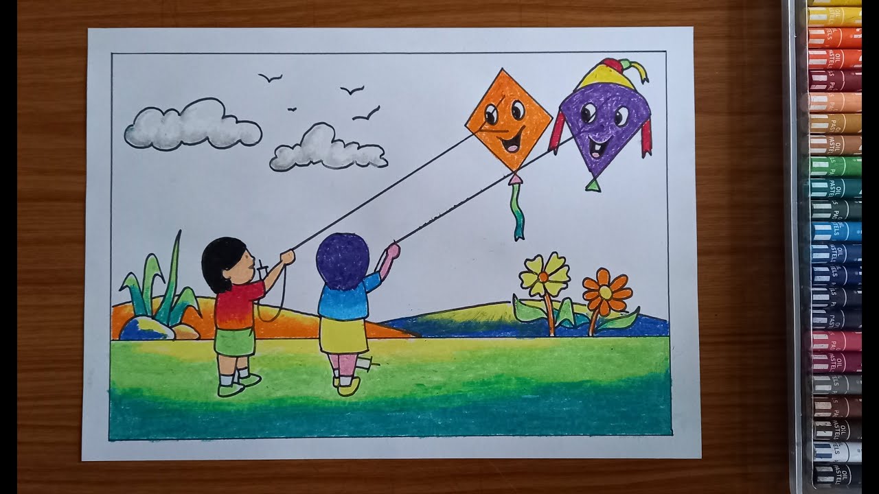 Kite flying drawing and colouring Drawing on Kite festival Makar