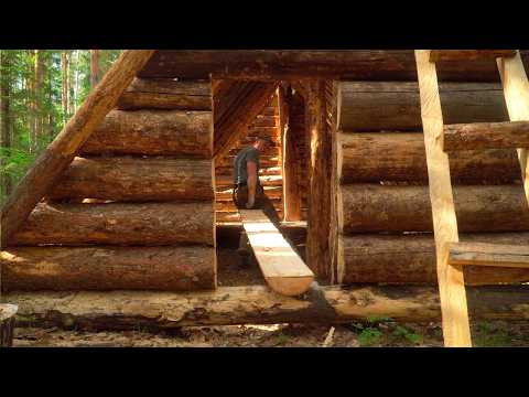 A MAN BUILDS A LARGE LOG CABIN ALONE. THE FLOOR IS MADE OF PINE BOARDS.