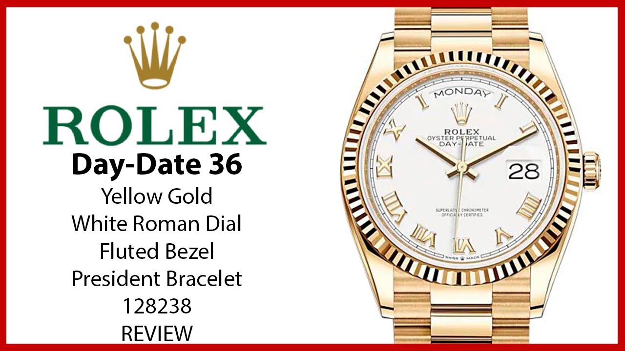 ▶ Rolex Day-Date 36 Yellow Gold White Roman Dial & Fluted Bezel President Bracelet 128238 - REVIEW