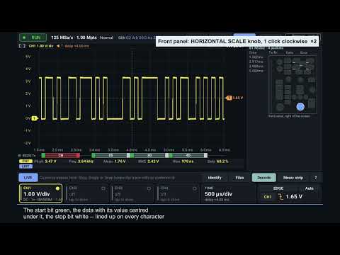 UART decode with start, data and stop bits drawn apart, on our MHO934