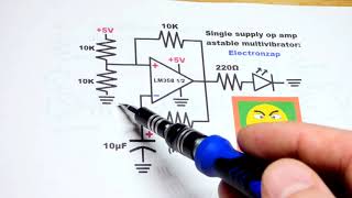 Single supply op amp LM358 astable multivibrator circuit with flashing LED demonstration circuit