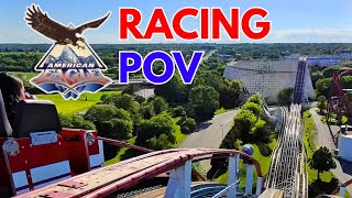 Let’s ride AMERICAN EAGLE Racing - Six Flags Great America wooden roller coaster - Front Row POV