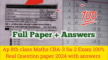 💯8th class maths cba-3 Sa-2 real question paper 2024 with answers|Ap 8th Sa2 maths paper and answers