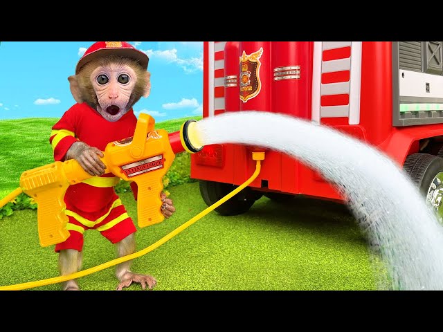 Monkey Baby Bon Bon Pretends to be a firefighter and naughty with Ducklings in the swimming pool class=
