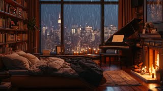 A night full of harmony: piano, rain and fire in the fireplace to soothe your mind.