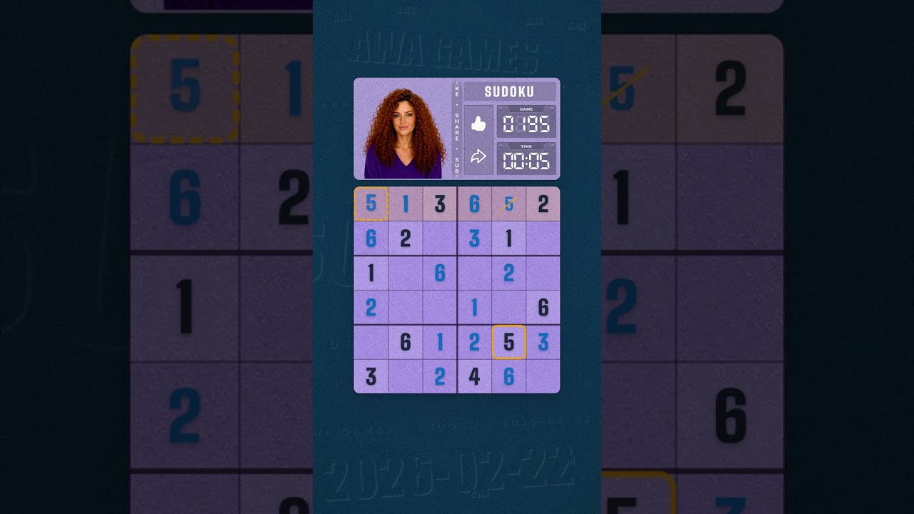LinkedIn Mini Sudoku #195 solved board for February 22, 2026, 6x6 grid
