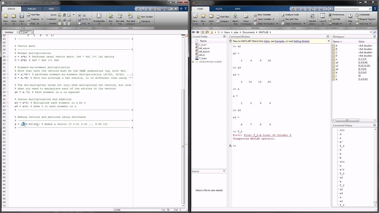 MATLAB Tutorial 17 - Creating Matrices and Matrix Math