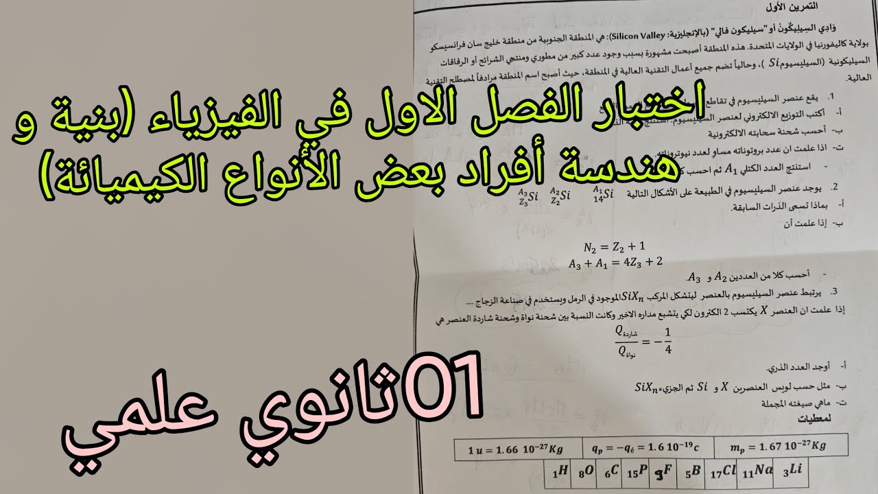 اقوى اختبار الفصل الاول في الفيزياء للسنة الاولى ثانوي علمي شامل في بنية و هندسة أفراد بعض الأنواع