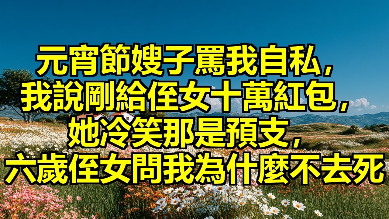 元宵節嫂子當眾摔筷子罵我自私，我說剛給侄女包了十萬紅包，她冷笑：你不婚不育錢都是她的，這叫預支不叫給！六歲侄女仰頭問我為什麼不去死？ #索取無度 #寒心覺醒 #遺囑反轉