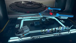Completed Star Trek LEGO ENTERPRISE D with lights and display stand