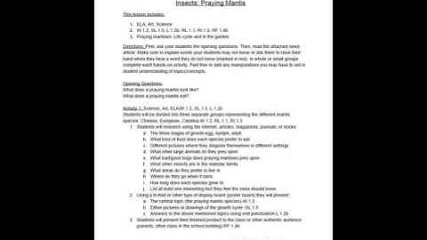 Insects:Praying Mantis W.1.2, SL.1.5, L.1.2b, RL.1.1, RI.1.3, RF.1.4b