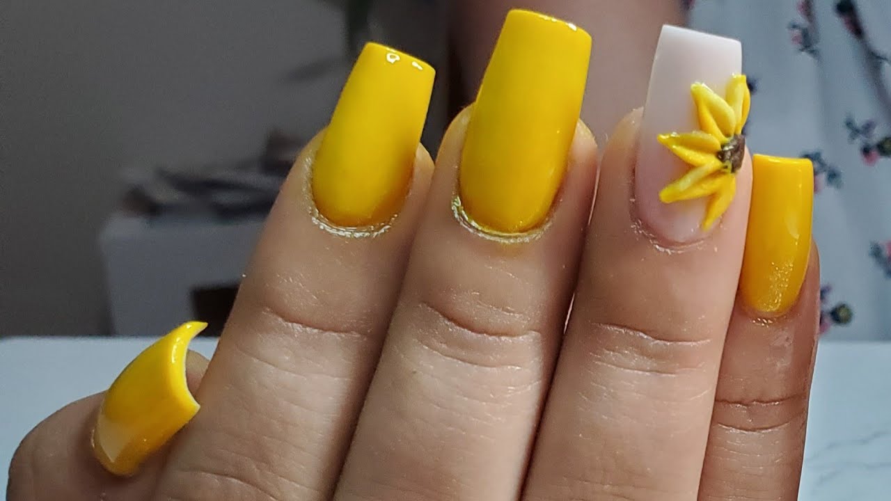 Uñas Cortitas Fáciles de Realizar en Amarillas con Girasoles en 3D - thptnganamst.edu.vn