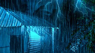 Overcome Insomnia with Heavy Rain \& Thunder Sounds Echo Around the Tin Roof in Foggy Forest at Night