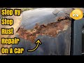Complete rust repair on a car  cutting out rusted area  welding treating metal  bodywork  paint