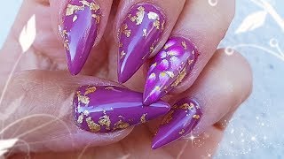 autumn one stroke nail art flowers gold foil gel nails