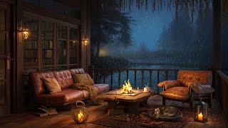 Cozy Balcony Lakeside with Smooth Jazz  Relaxing Rain, Crackling Fire, White Noise, ASMR Sleep 4K
