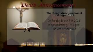 Death Announcement for Gregor Crick