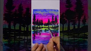 Easy Drawing Neon Sunset Forest Reflection  | Acrylic &amp; Oil Pastel Art for Beginners #easypaint