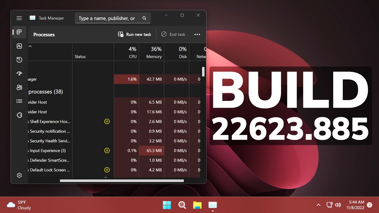 New windows 11 build 22623 885 task manager search energy