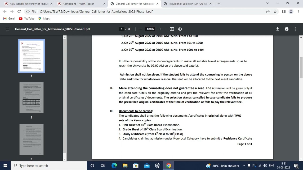 RGUKT BASAR // Selected Candidates List // Counselling Dates Released