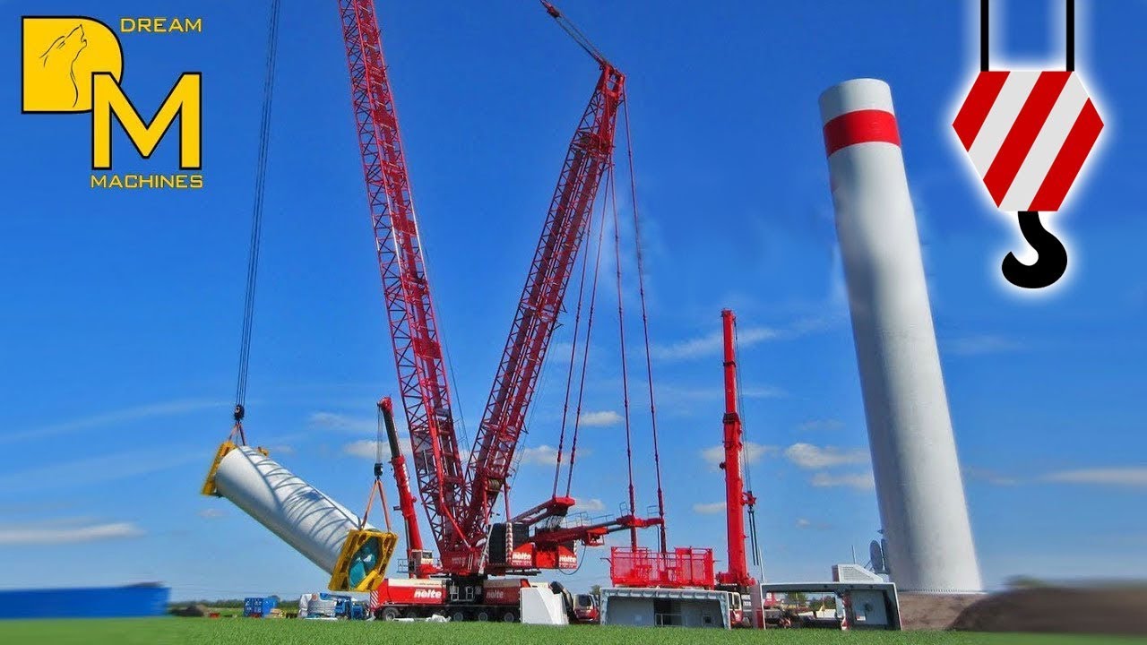 LIEBHERR LG 1750 MEGA KRAN HEBT WINDRAD TEILE BAUSTELLE MIT GITTERMASTKRAN