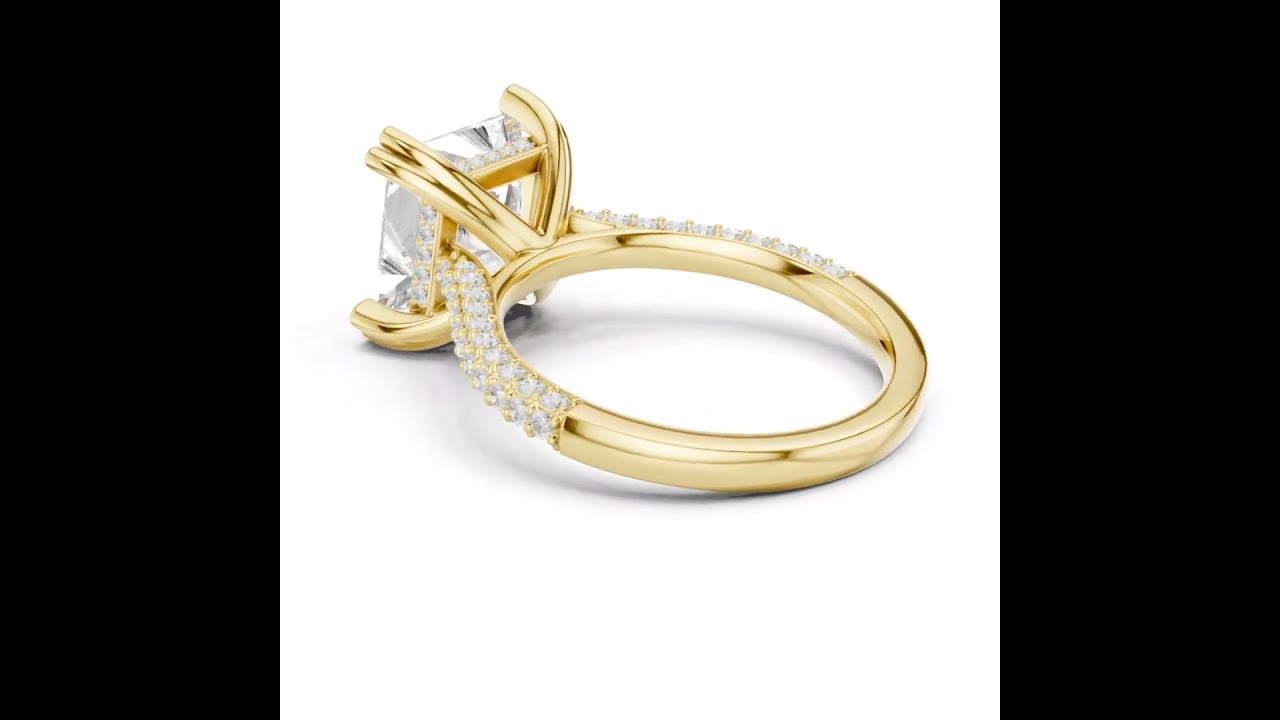 Princess Cut Diamond Hidden Halo Triple Row Pave Band Engagement Ring