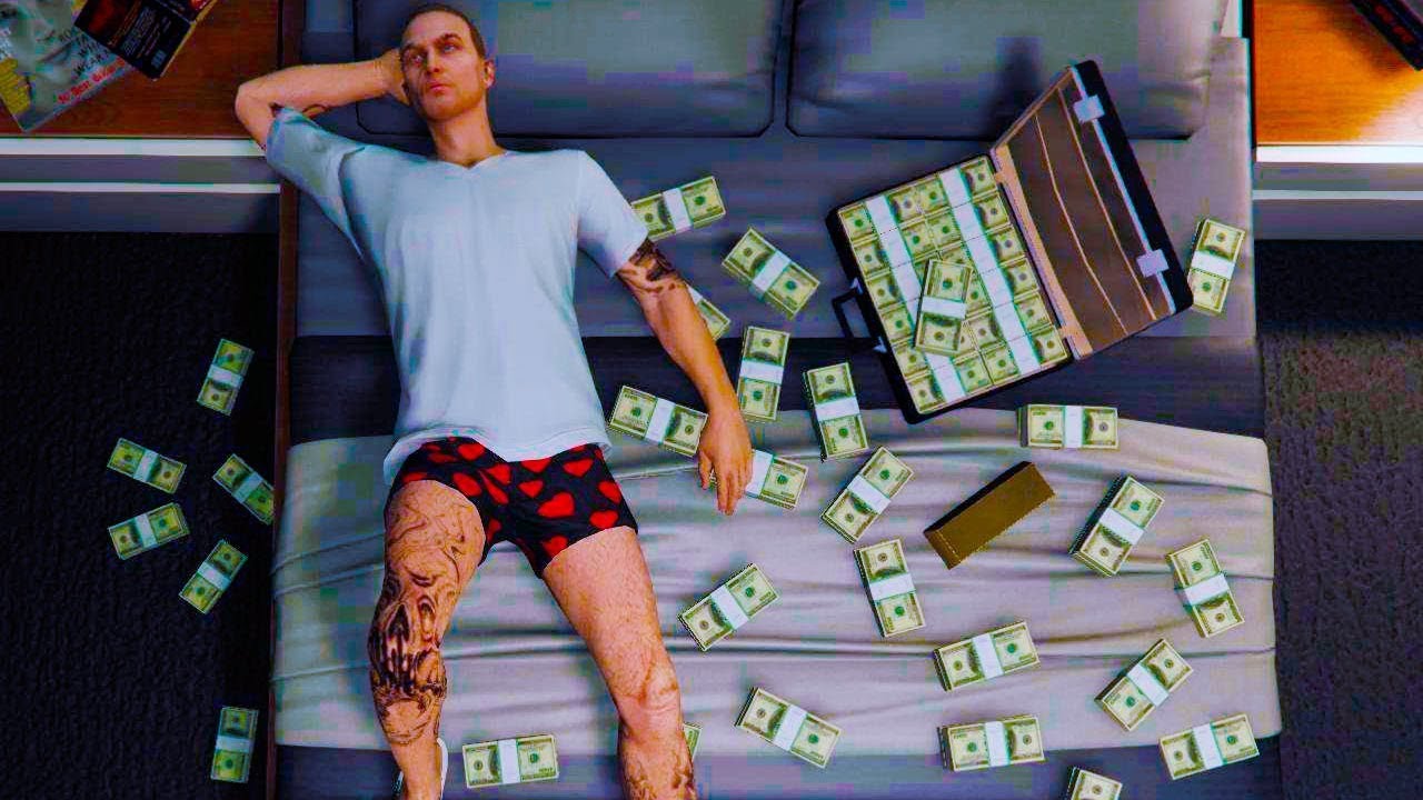 Почему в игре том много денег. GTA 5 деньги. Персонаж с кучей денег. ГТА 5 куча денег.