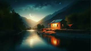 Night Nature,ASMR,Ambiance view of the house next to the river,in the village,Crescent moon,AFG2