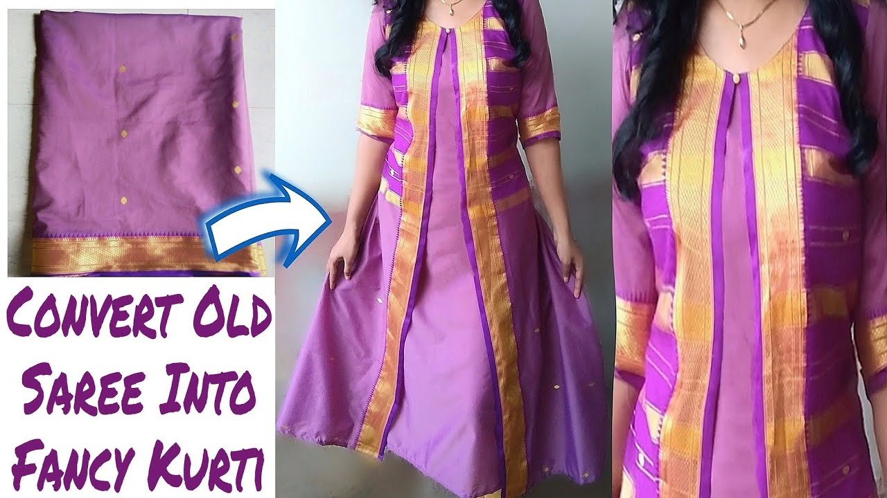 Convert Old Saree into Designer Long Kurti XXL (44)| reuse old saree -  YouTube