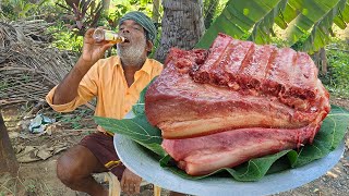 PORK-Blood fries || Brandy side dish || Village STYLE COOKING AND EATING