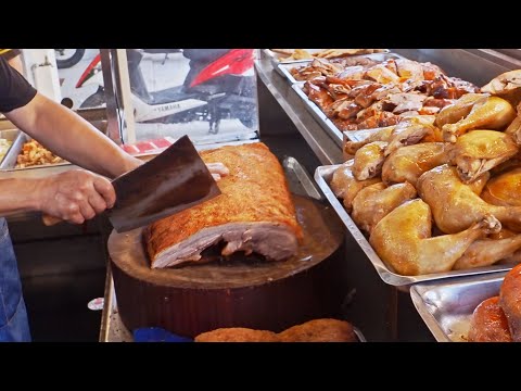 Amazing skills!Crispy Roast Pork Belly Cutting Master, Crispy Pork Skins / 快手老師傅!脆皮火肉切割大師, 港記燒臘便當