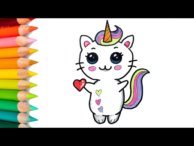 Desenho de um gato unicórnio fofo para colorir