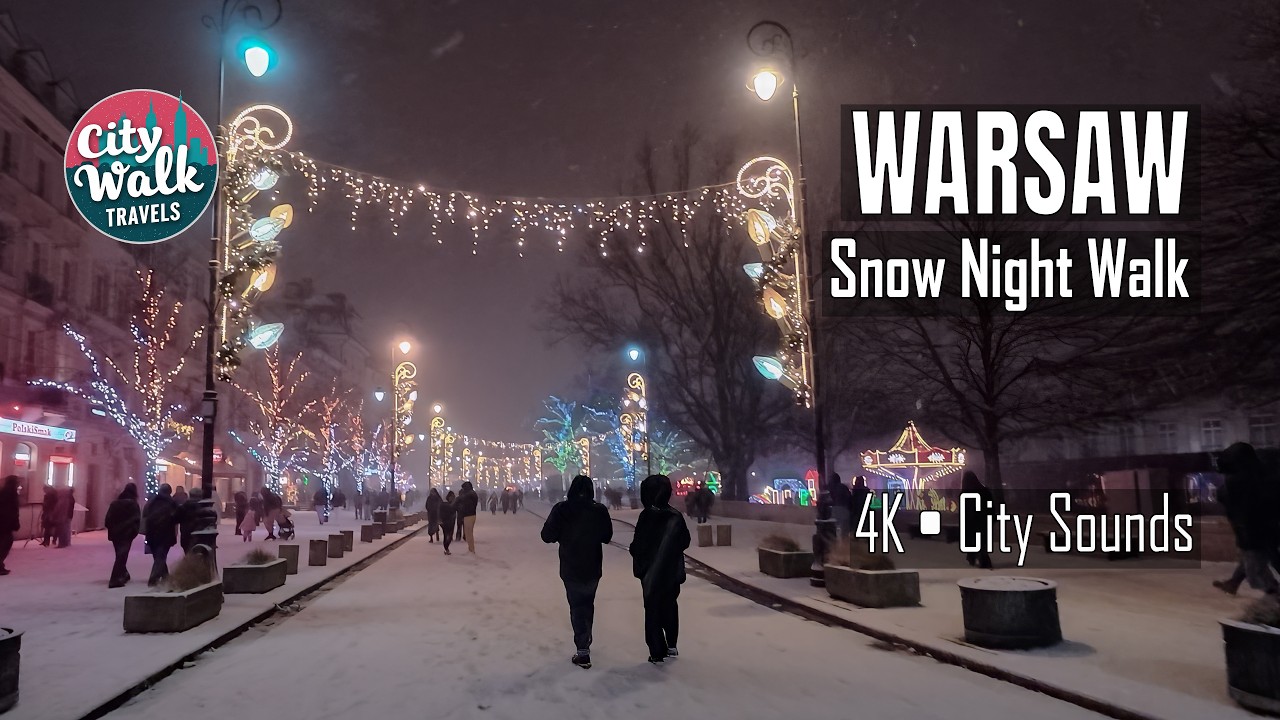 Warsaw Snow Night Walk (Old Town + Nowy Świat) | City Sounds | 4K