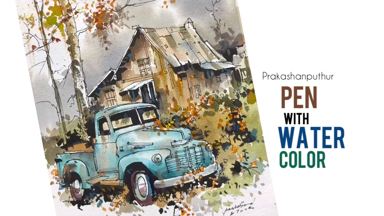 Line-n-wash | ink,pen and watercolour | demo by Prakashanputhur - YouTube