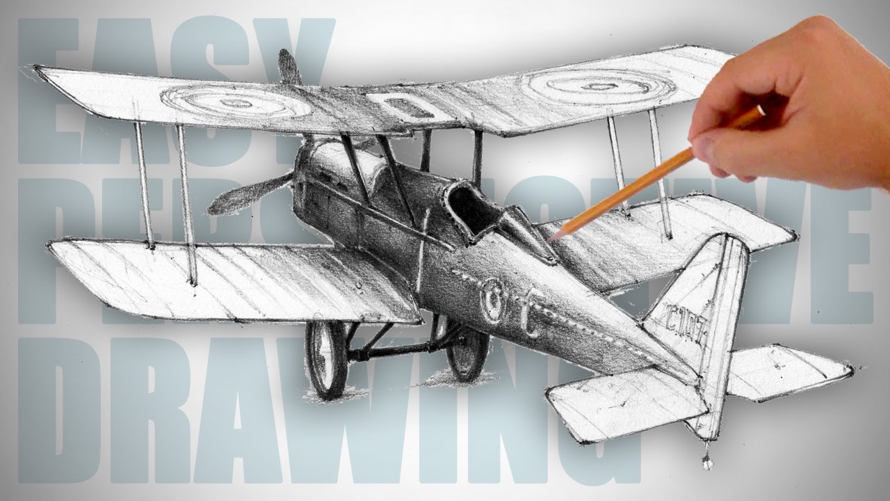 How to draw a retro airplane (World War I) - Easy Perspective Drawing