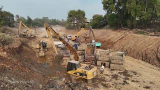 Action!!Excavator Caterpillar Loading Mini Dump Trucks, Rehabilitation of canals using many machines