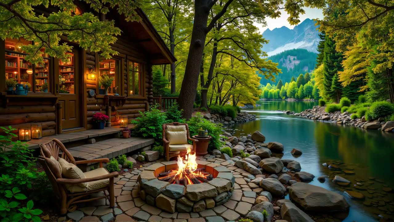 Peaceful Spring Forest Lakeside Cabin Porch🌿🔥 Campfire Sounds, Piano Music, Relaxing Birdsong