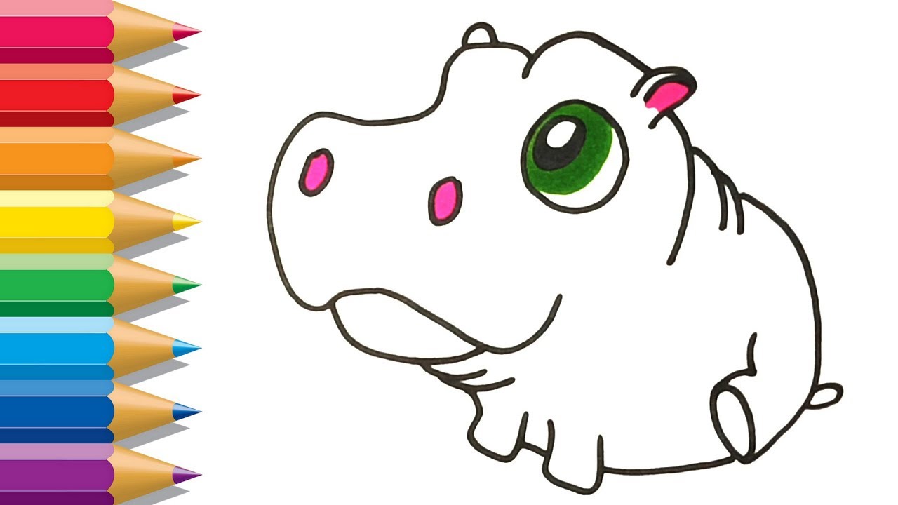 How To Draw Hippo Coloring Pages For Kids Learn Drawing Animal And Coloring Video Youtube