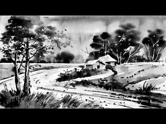 Watercolour painting: black and white mood