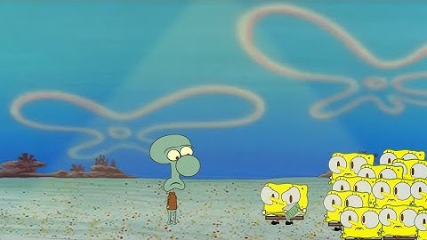 Squidward trying to get a pizza from 30 Spongebobs