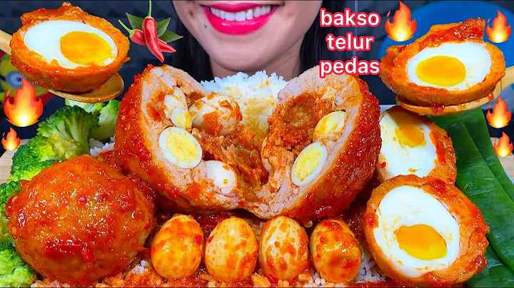 MAKAN BAKSO TELUR PEDAS *GIANT SPICY EGG MEATBALL ASMR MUKBANG MASSIVE Eating Sounds