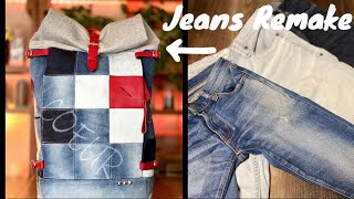 リメイク]3本のジーンズとパーカーからリュックをつくる - YouTube