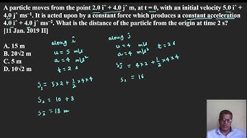 A particle moves from the point 2 0 i^ + 4 0 j^ m, at t = 0, with an initial velocity 5 0 i^ + 4 0 j