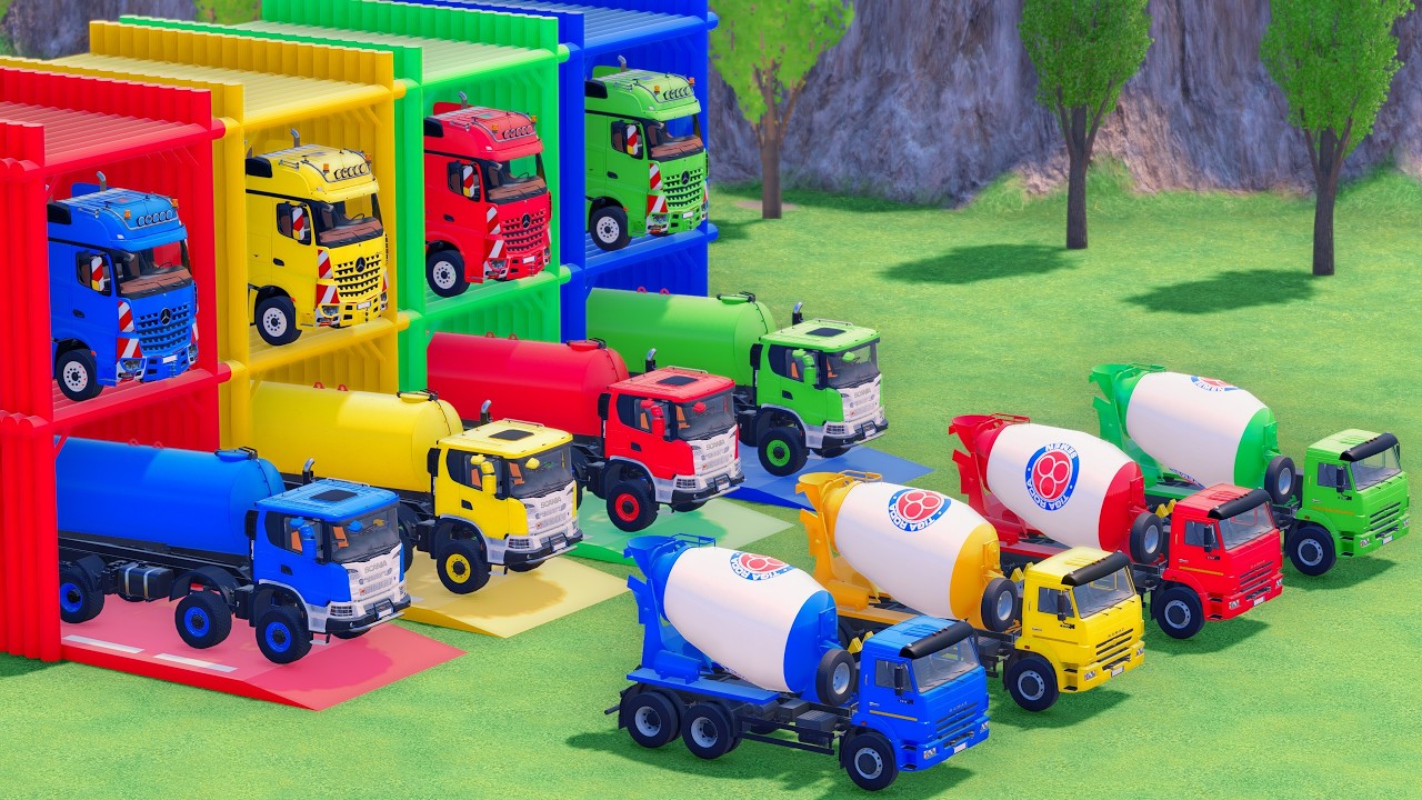 Trucks With COLORS - KAMAZ MIXER TRUCK and SCANIA TANKER TRUCK with FLATBED TRAILER TRUCK - FS22